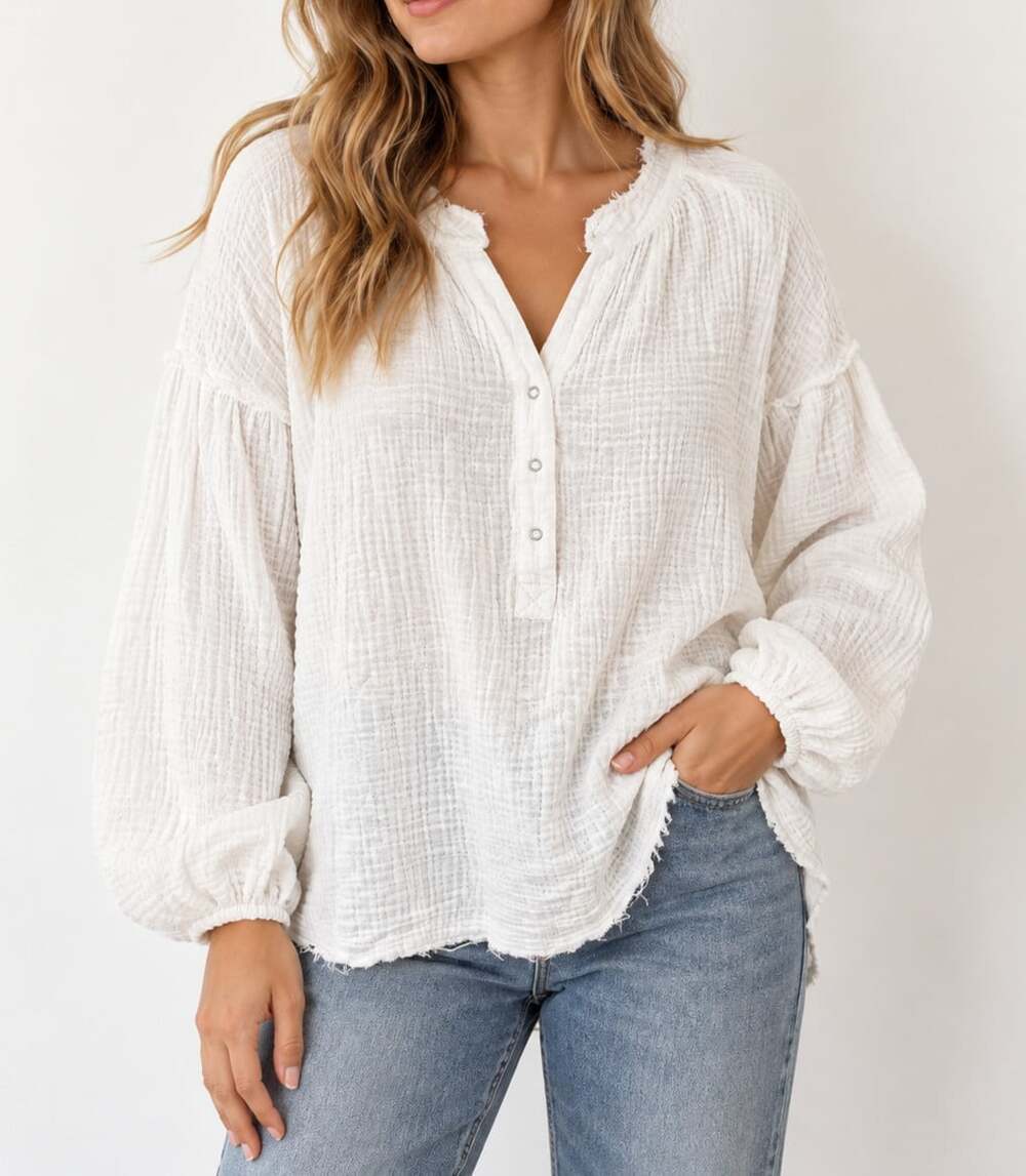 Promesa White Cotton Gauze Henley Long Sleeve Blouse - Medium